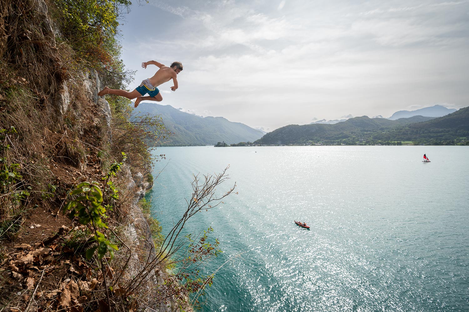 Cliff diving at Lake Annecy